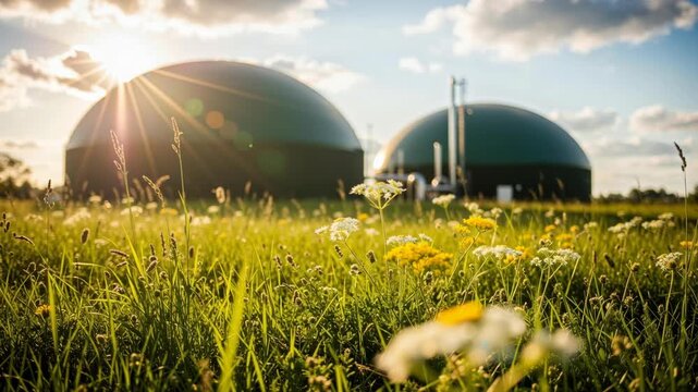 Circular economy initiative sustainability recycling environment waste renewable industry pollution ecology resource planet renewable energy biogas plant meadow with wildflower sunlight creating
