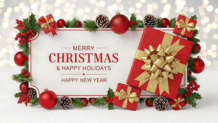 This beautiful winter Xmas festive celebration theme is perfect for a greeting card or banner, emphasizing the traditional holiday colors and the excitement of receiving presents.