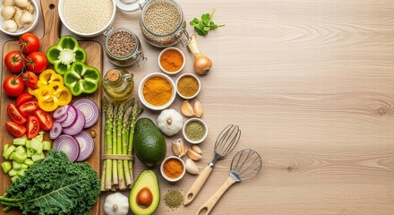 A Culinary Spectrum of Ingredients: A vibrant array of fresh, colorful vegetables and aromatic spices arranged on a light wood surface, inviting culinary creativity and healthy eating.