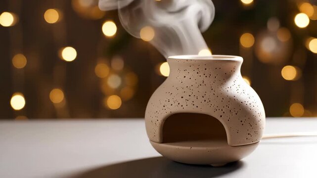 Clay aroma diffuser emitting scented smoke in three stages. Minimalist essential oil warmer on table with bokeh lights. Home fragrance and relaxation concept for aromatherapy wellness.