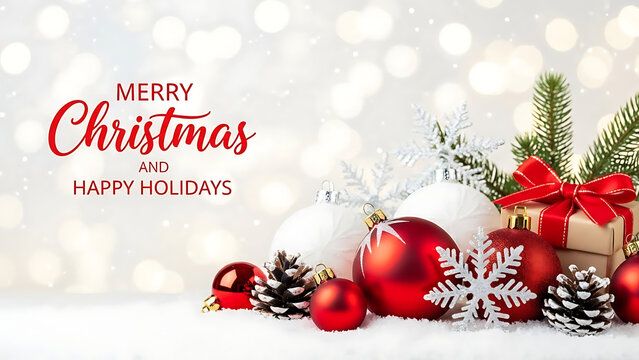 A high-resolution image showcasing rich red baubles, berries, and a present nestled among snowy evergreen branches, all illuminated by a soft, shimmering bokeh glow.