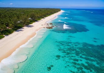 Obraz premium Aerial view of a tropical beach with turquoise water and lush green vegetation on a sunny day christams photos 