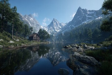 Pixel Art Snowy Mountain Landscape With Cabin by Lake