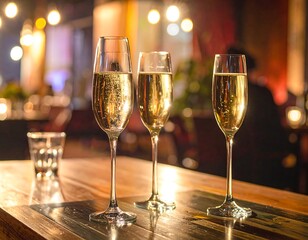 Three champagne flutes with bubbles on a polished wooden surface