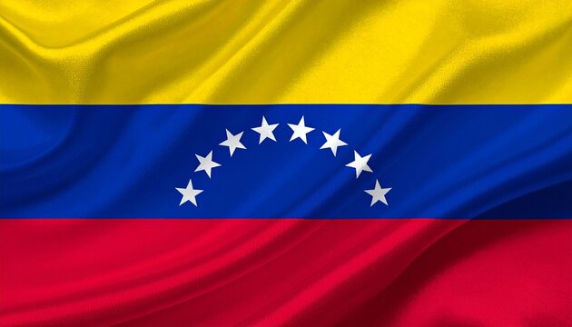 Venezuela flag with yellow, blue, and red stripes and arc of eight white stars.