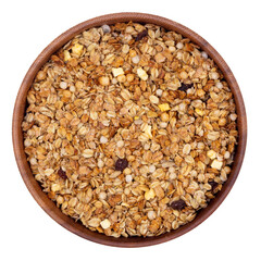 Isolated wooden bowl with granola on a white background, top view, copy space