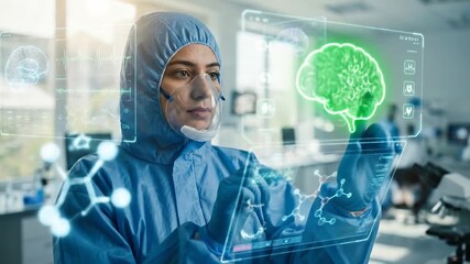 Close-up shot of an female doctor wearing protective mask working in digital medical research lab in the style of holographic screen. - Powered by Adobe