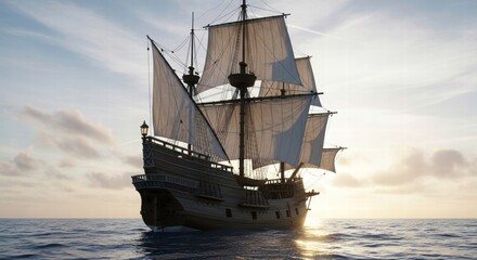 Sailing Across Time: A majestic wooden sailing ship cuts through the vast ocean, its sails billowing in the wind against a backdrop of the sky. This image evokes feelings of adventure and exploration.