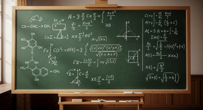 Academic Equations: A detailed shot of an educational board with intricate mathematical equations and scientific formulas written on it, against a backdrop of a learning environment.