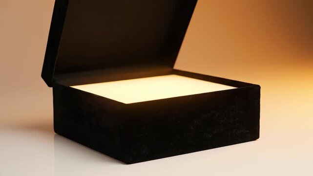 Black soft-touch box opening to reveal glowing yellow interior. Minimal design product showcase with elegant packaging animation for luxury reveal concept.