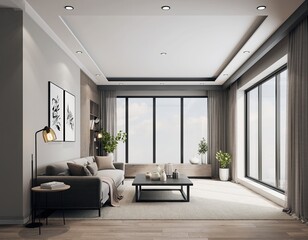 Modern living room; neutral tones, bright natural light
