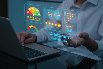 Focused customer support agent analyzing feedback and quality score for service satisfaction with future technology