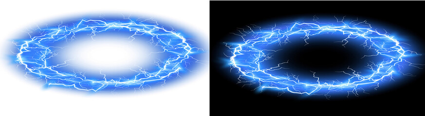 PNG image of Two electric blue rings of lightning energy crackle and glow against a creating a powerful and dynamic visual effect for graphic design on transparent background