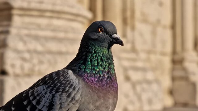 Close up portrait of a common city pigeon with iridescent neck feathers against a blurred architectural background in sunlight