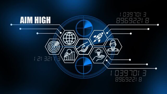 Digital HUD Interface with Aim High Text and Business Icons technology data