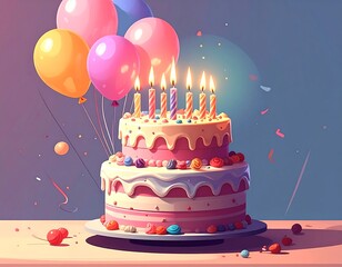 Two-tiered birthday cake with lit candles and colorful balloons