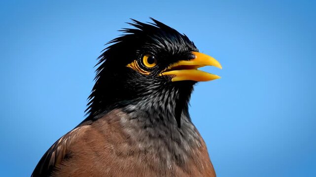 Close up portrait of a common myna bird with bright yellow beak and eye against a clear blue sky background