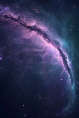 A breathtaking curved nebula glowing in vibrant shades of purple and blue, stretching like a cosmic arc across the deep star-filled sky.
