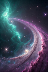 A breathtaking curved nebula glowing in vibrant shades of purple and blue, stretching like a cosmic arc across the deep star-filled sky.