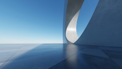 Abstract curved architecture background, Empty exterior space with concrete floor, Futuristic modern building for car presentation backdrop, 3d rendering