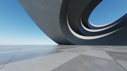 Abstract curved architecture background, Empty exterior space with concrete floor, Futuristic modern building for car presentation backdrop, 3d rendering