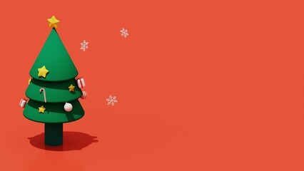 Christmas tree with ornament isolated on red background, Xmas with copy space for text, 3d rendering