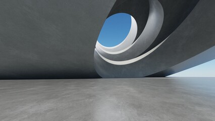 Abstract curved architecture background, Empty exterior space with concrete floor, Futuristic modern building for car presentation backdrop, 3d rendering
