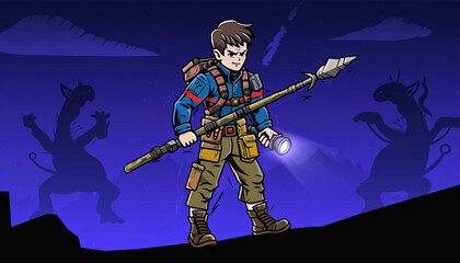 Fototapeta premium Vector Monster Hunter Boy – Vintage 80s Fantasy Adventure Character