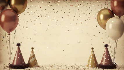Festive Vintage Celebration Background with Balloons, Party Hats, and Golden Confetti