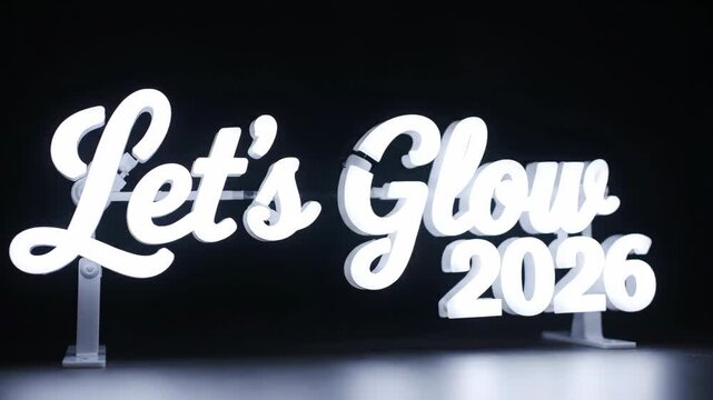 Animated neon sign lighting up with text Lets Glow 2026 in high contrast. Sequential glow effect on dark background for motivational displays or future events