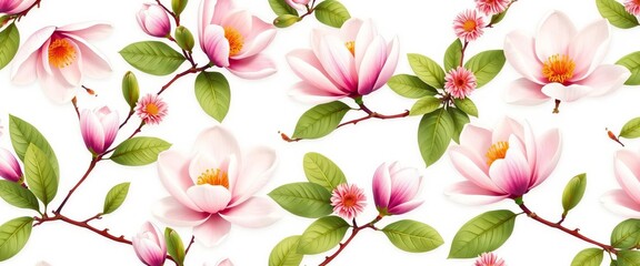Elegant magnolia blossom pattern, repeating floral design on a white background, pink, pattern