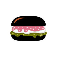 A stylized illustration of a unique black bun hamburger with pink sauce and green toppings isolated on white background