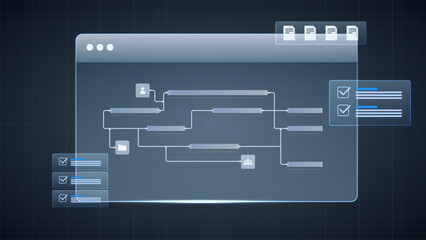 Project management dashboard flowchart timeline. project management, data analysis, and process optimization.