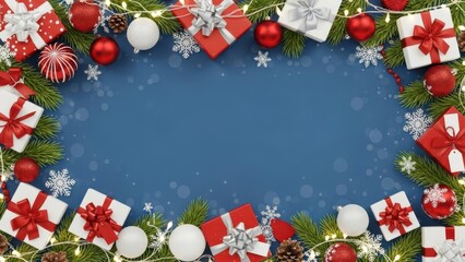 Festive Christmas frame with gifts, ornaments, and lights on a blue background.