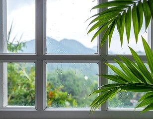 View through a window of green foliage and a rainy mountain