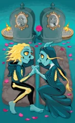 Fototapete Kinderzimmer Two ghosts in love on their graves. Vector cartoon horror illustration.   © ddraw