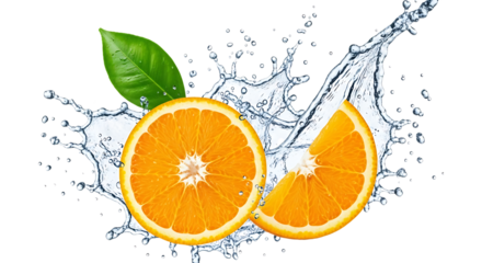 Fresh orange slices splashing in water isolated on transparent background