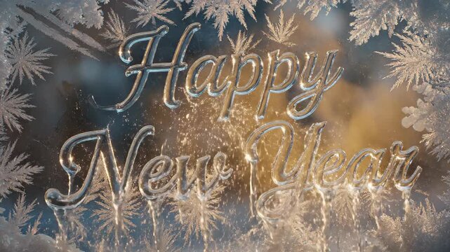 Magical happy new year text emerging with sparkling snowflakes. Animated festive greeting in winter wonderland style. Elegant new year celebration inscription glowing on screen