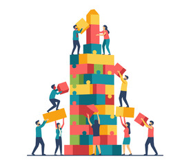 A diverse team of people collaborating to build a tall tower using colorful, interlocking puzzle blocks.