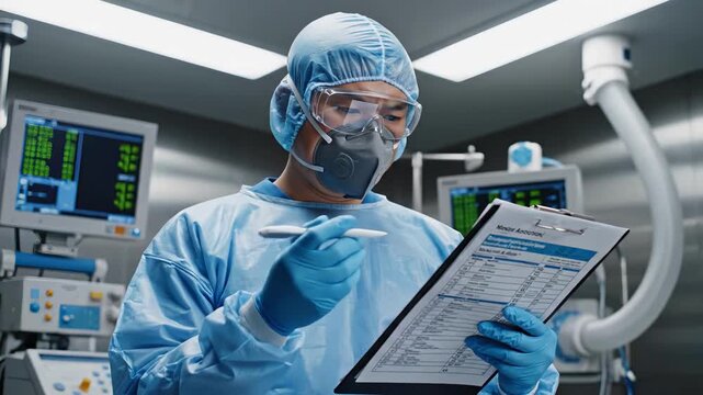 surgeon in protective suit and mask reviewing patient chart beside monitoring equipment in intensive care operating room, checking vitals and clinical notes under sterile lighting