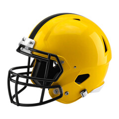 Fototapeta premium American Football Helmet: A vibrant yellow football helmet, adorned with a sleek black stripe, stands out. the protective gear represents the intensity of the sport.