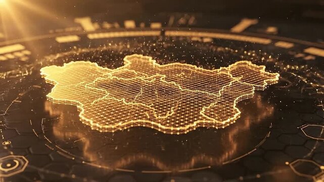 Digital Projection Of Mongolia Map Glowing With Golden Particles On A Futuristic Circuit Board With Lens Flare