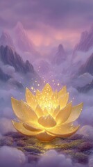 Glowing Golden Lotus Flower In Misty Mountainscape
