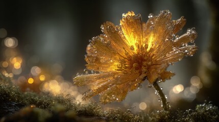Glowing Golden Flower On Mossy Ground