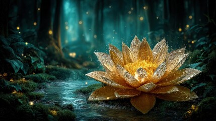 Glowing Golden Lotus In Mystic Forest