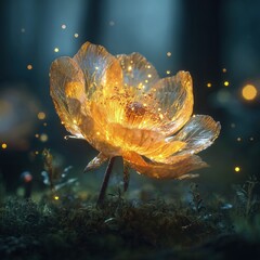 Glowing Golden Flower In Dark Forest
