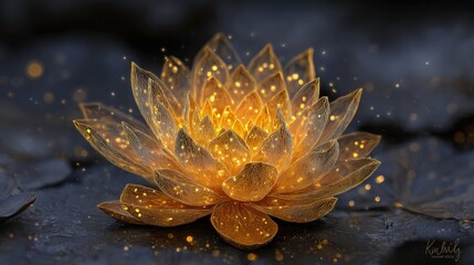 Golden Glowing Lotus Flower Digital Art
