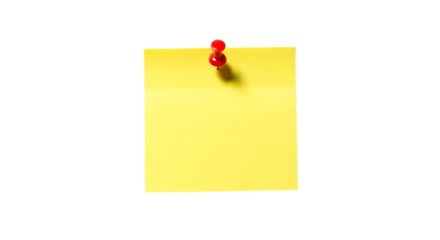 Yellow sticky note with red thumbtack isolated on transparent background