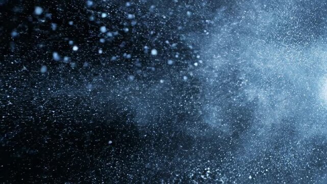 Abstract blue powder explosion or splash against a dark black background, dynamic motion blur effect