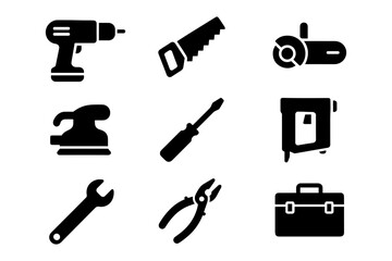 Black silhouette icons of hand and power tools for construction and repair
